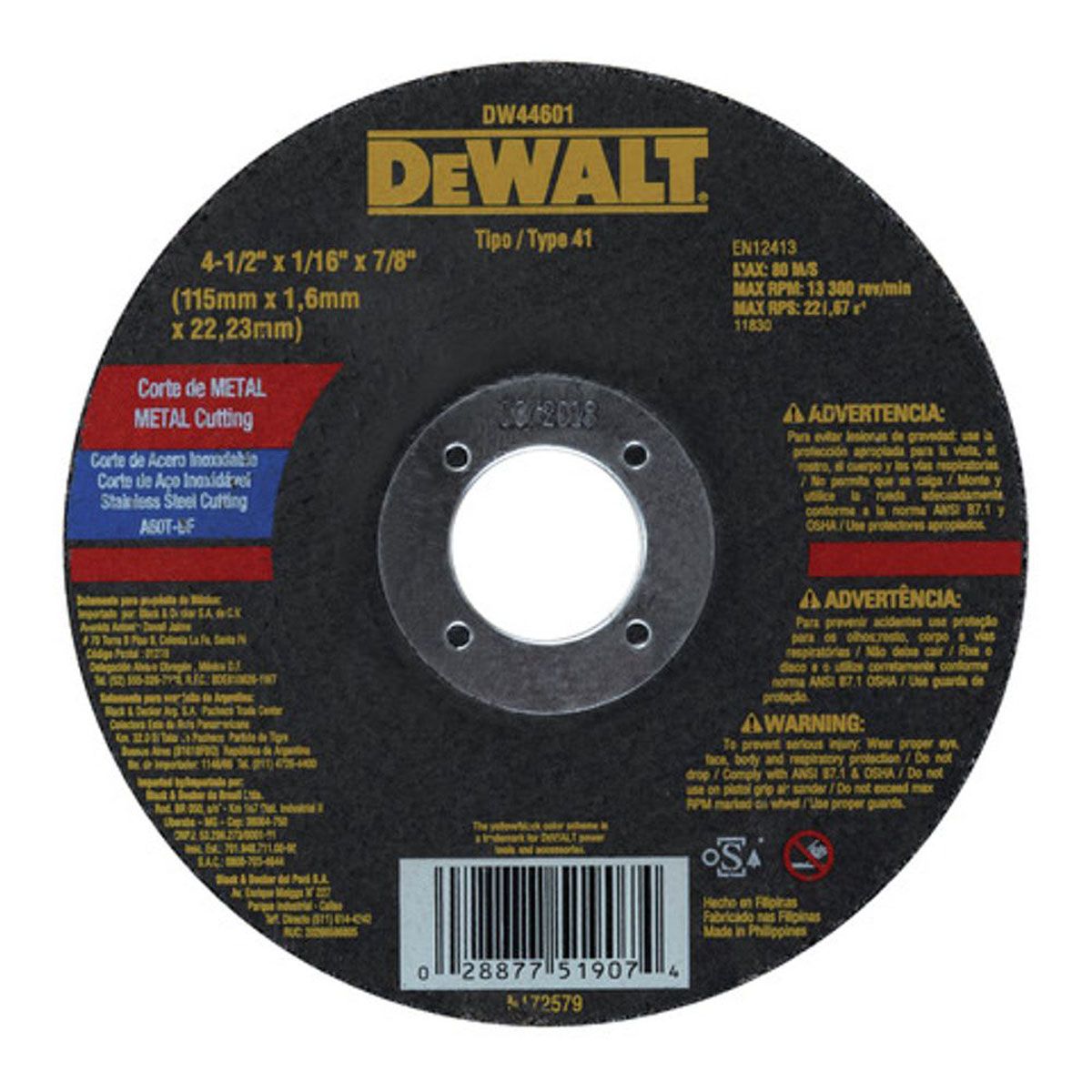 DW44601.jpg Disco. Abrasivo 4 1/2 1/6 7/8 Corte Para. Metal - Imagen 1