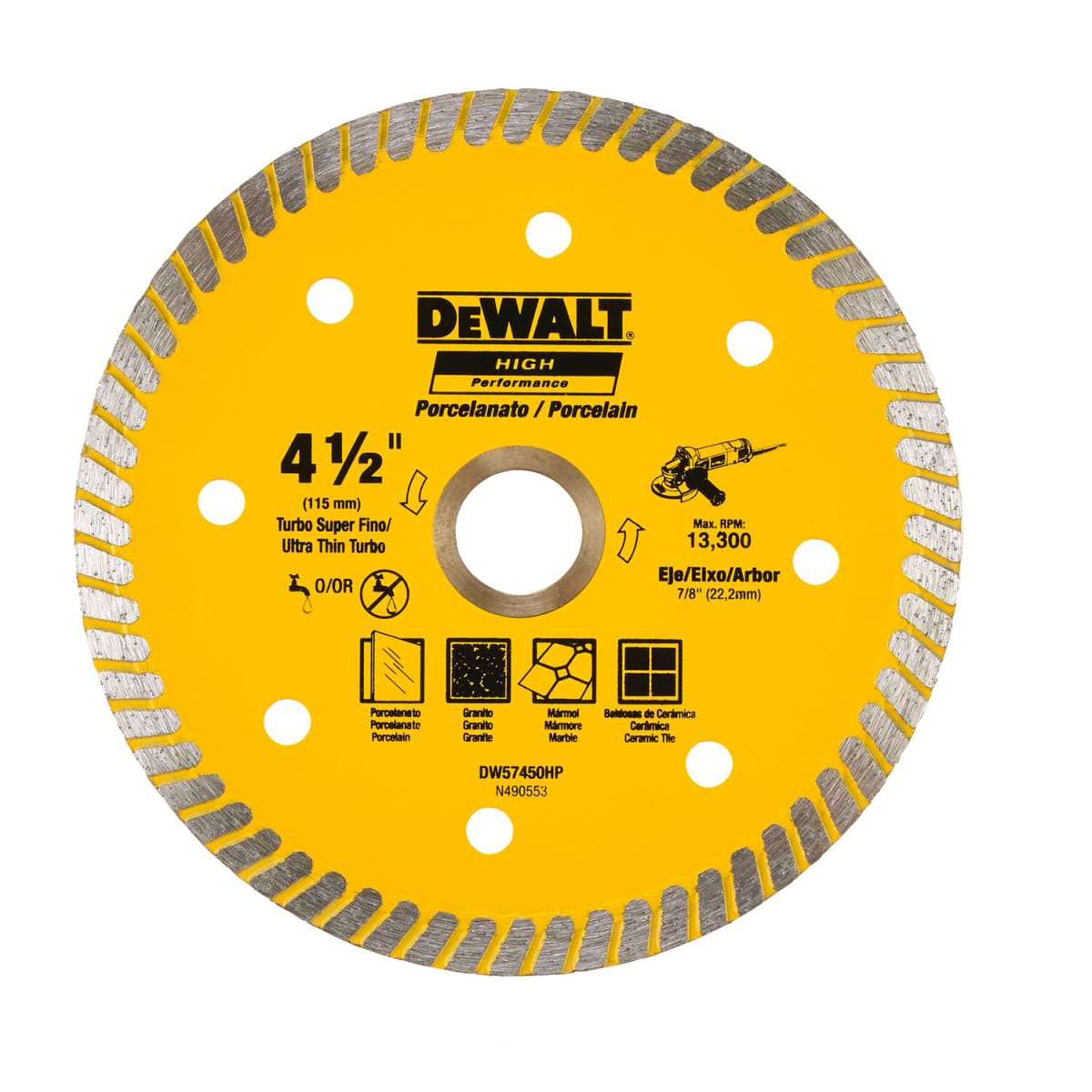 DW57450HP.jpg Disco Diamantado Ultrafino para Porcelanato 4-1/2" X 1.3mm DEWALT - Imagen 1