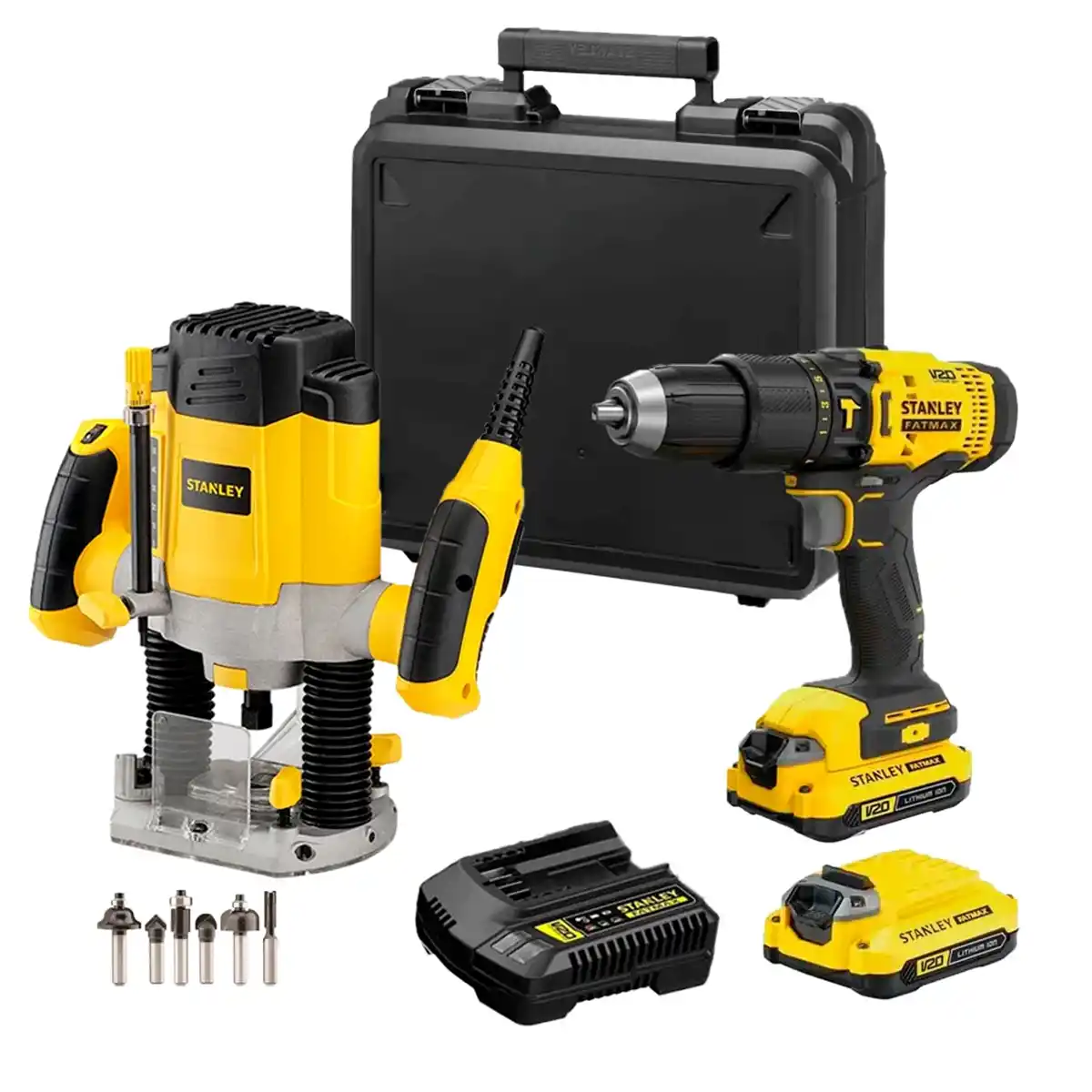 SCD711C2K-K7 (1) Taladro Percutor 1/2" 20V Fatmax + Ruteadora 1200W SRR1200-B2 STANLEY SCD711C2K-K7 - Imagen 1