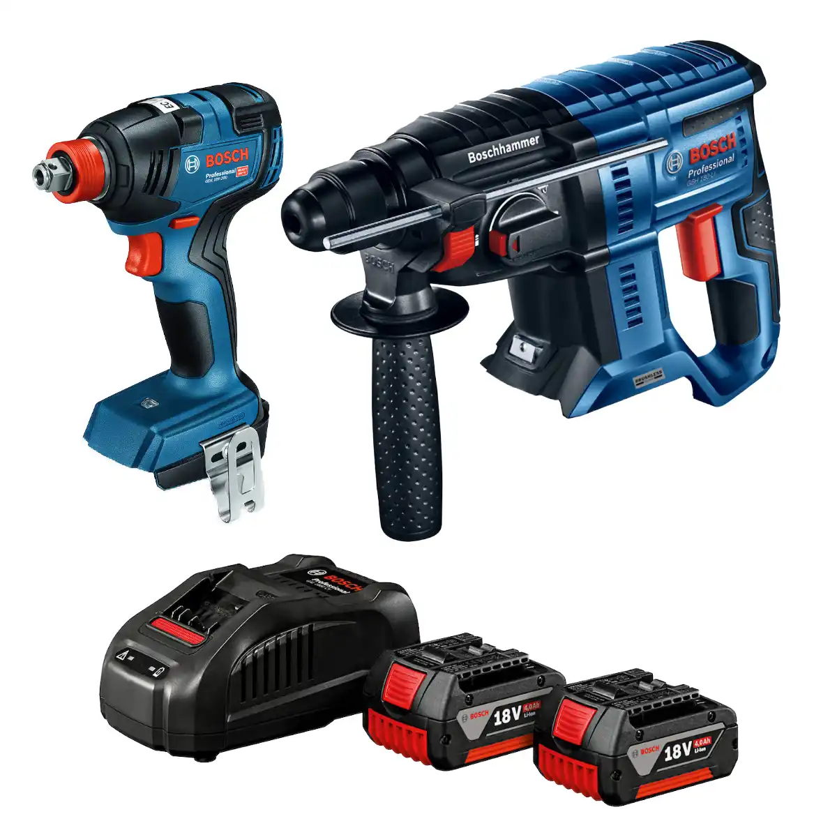 0615.A00.1R1-000 (1) Llave de Impacto 1/2" GDX 18V-200 + Rotomartillo SDS Plus 2J GBH 180-LI Brushless + 2 Bat. 4Ah + Cargador BOSCH - Imagen 1
